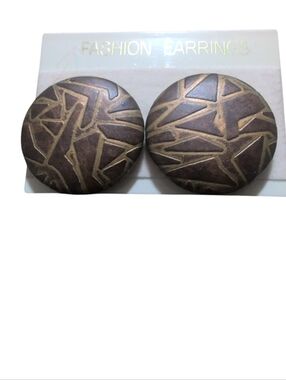Vintage Taiwan ROC Geometric Stud Earrings Brown Gold Tone Tribal Southwestern